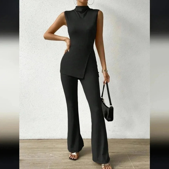 Mock Neck Split Hem Tank Top & Flare Leg Pants - Picture 1 of 6